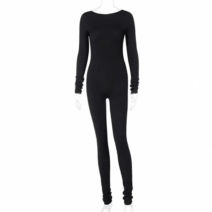 Black Long Sleeve Backless Stacked Jumpsuit