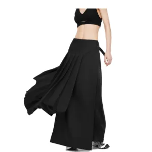 Black Mixed Fabric Patchwork Pleated Irregular Design Mid-Length Skirt