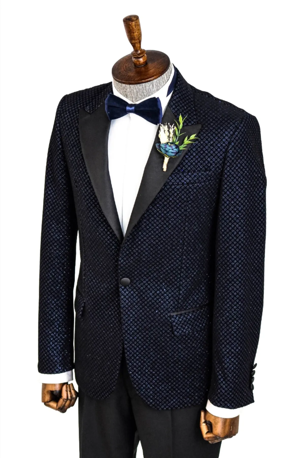 Black Patterned Over Navy Blue Men Party Blazer - Wessi
