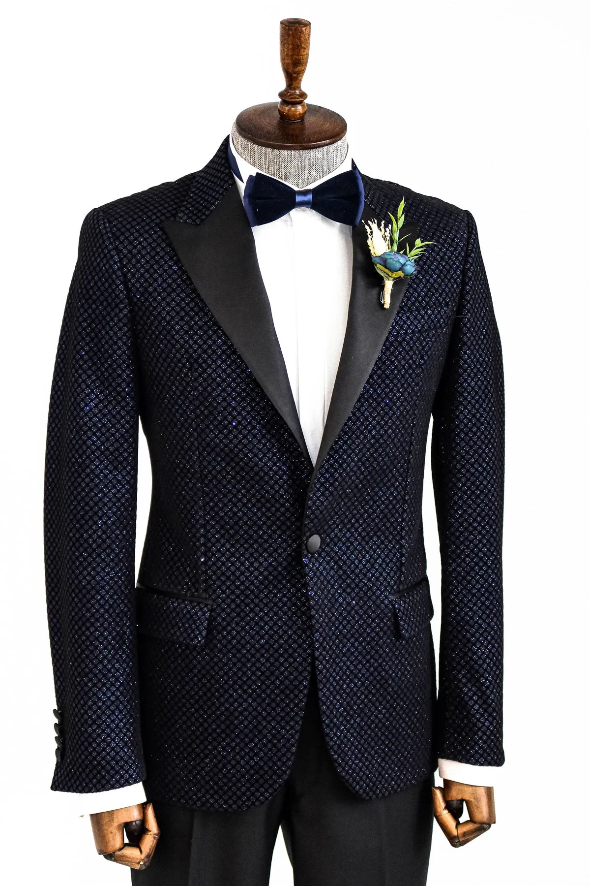 Black Patterned Over Navy Blue Men Party Blazer - Wessi