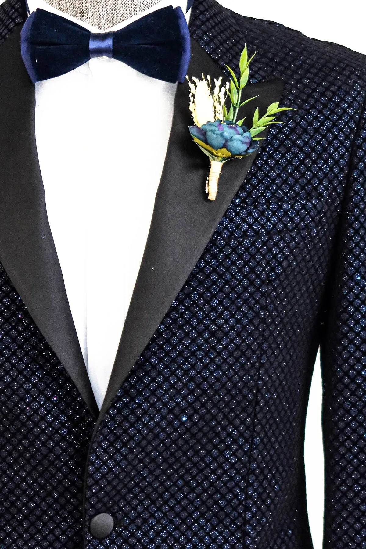 Black Patterned Over Navy Blue Men Party Blazer - Wessi
