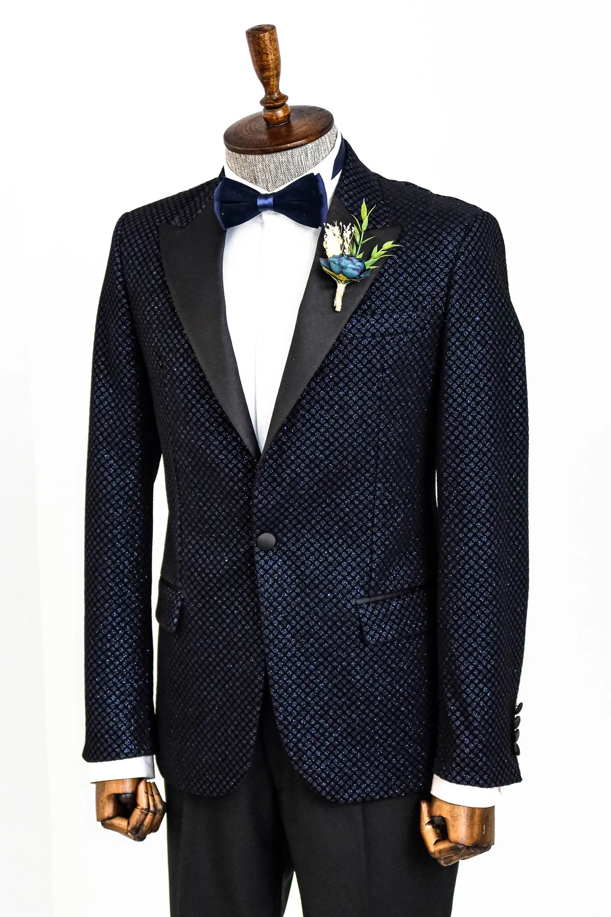 Black Patterned Over Navy Blue Men Party Blazer - Wessi