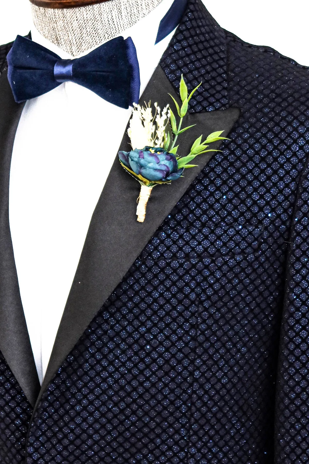 Black Patterned Over Navy Blue Men Party Blazer - Wessi