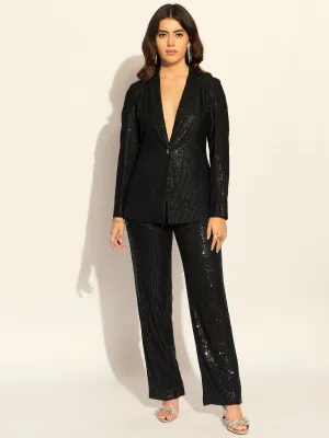 Black Polyester Sequined Single Breasted Party Blazer & Trouser
