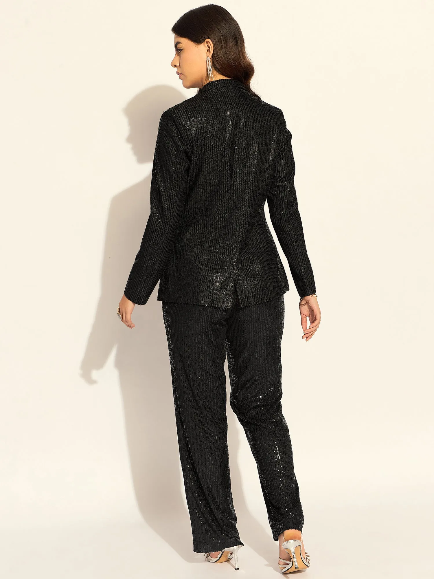 Black Polyester Sequined Single Breasted Party Blazer & Trouser