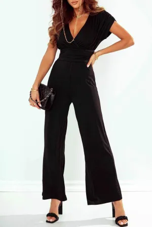 Black V-Neck Dolman Sleeves Wide Leg Jumpsuit - Chic Style