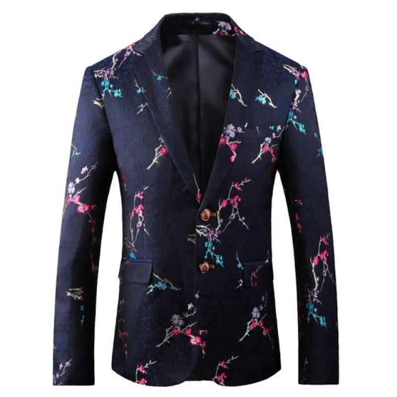 Black Yellow Floral Embroidery Tuxedo Blazer Jacket