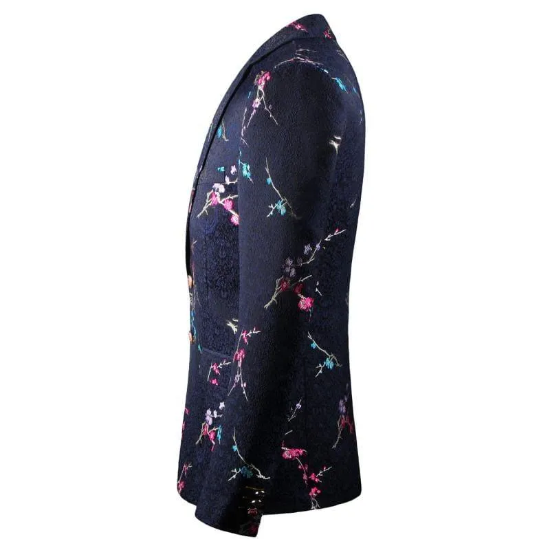 Black Yellow Floral Embroidery Tuxedo Blazer Jacket