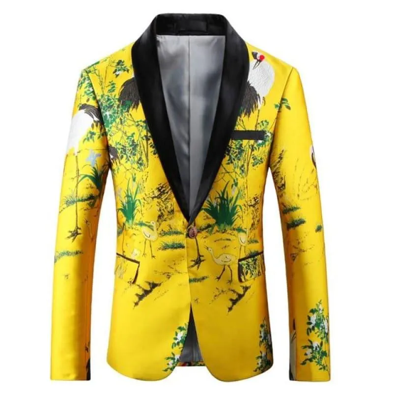 Black Yellow Floral Embroidery Tuxedo Blazer Jacket