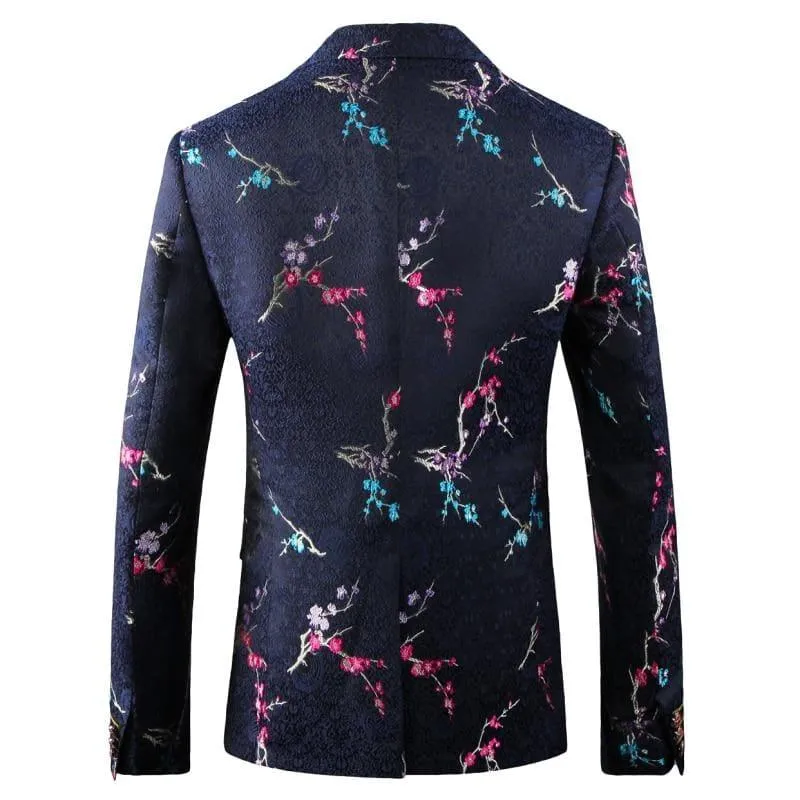 Black Yellow Floral Embroidery Tuxedo Blazer Jacket