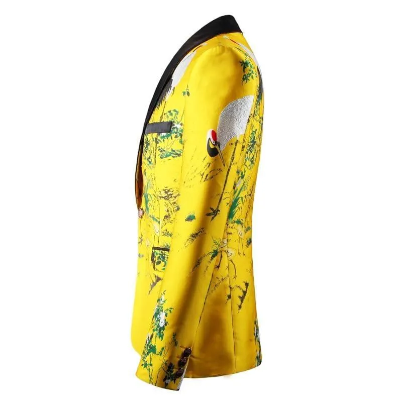 Black Yellow Floral Embroidery Tuxedo Blazer Jacket