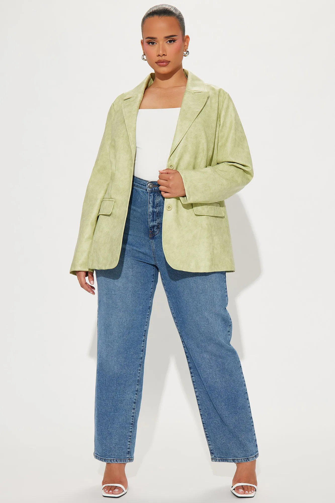 Blaire Washed Faux Leather Blazer - Sage