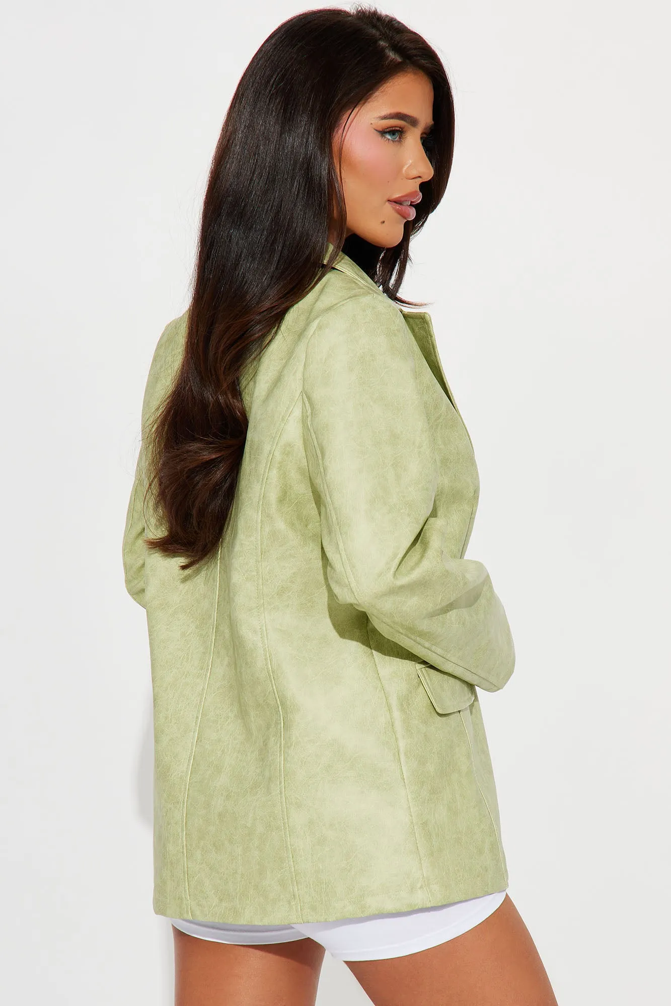 Blaire Washed Faux Leather Blazer - Sage