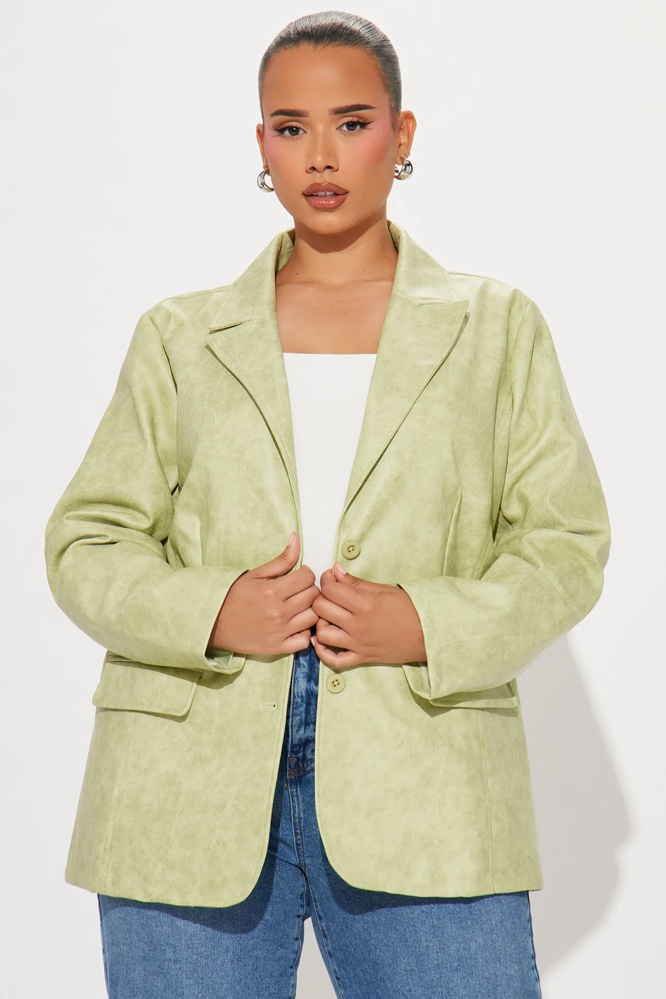Blaire Washed Faux Leather Blazer - Sage