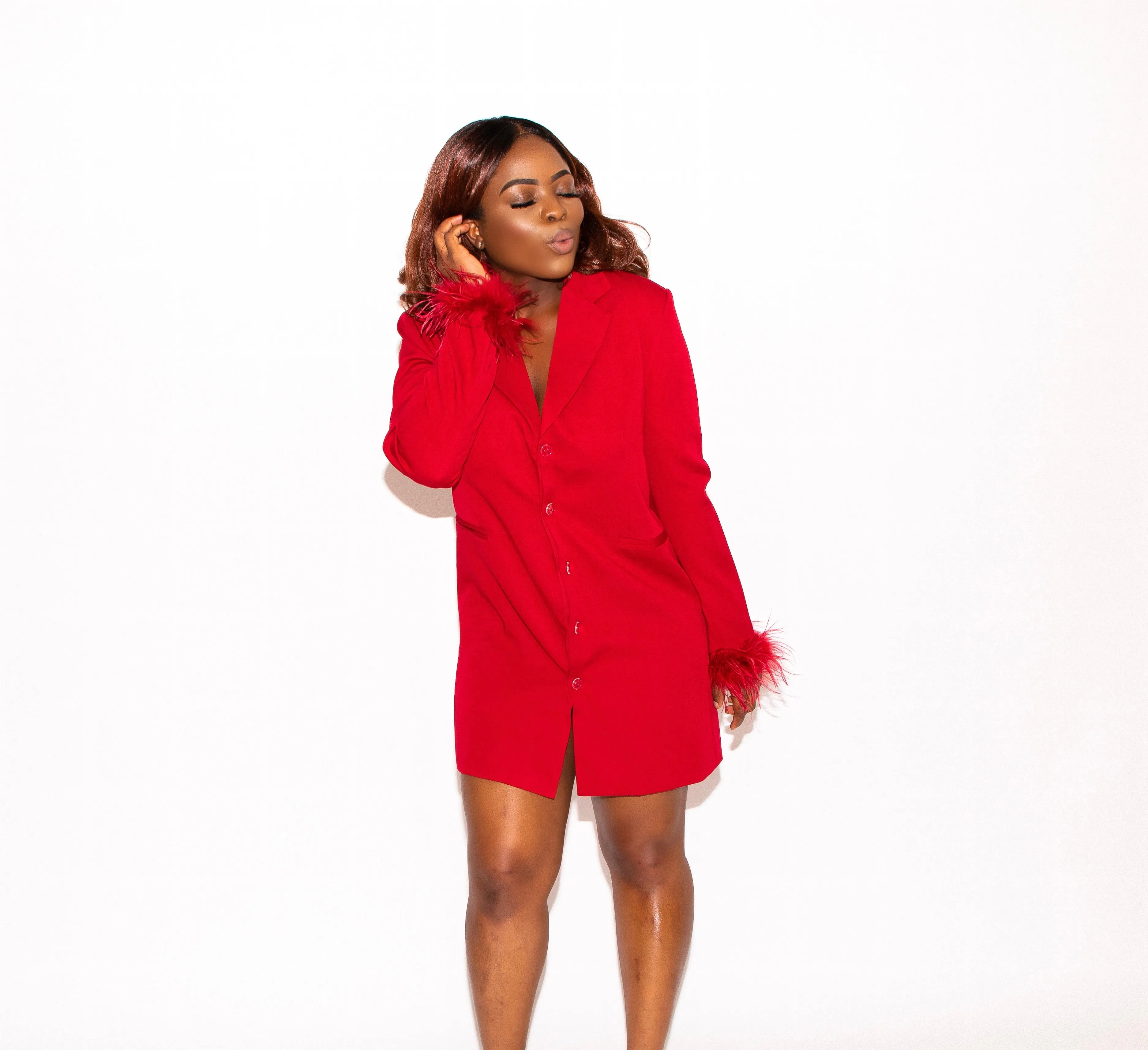Blazer Dress With Detachable Feather Sleeve
