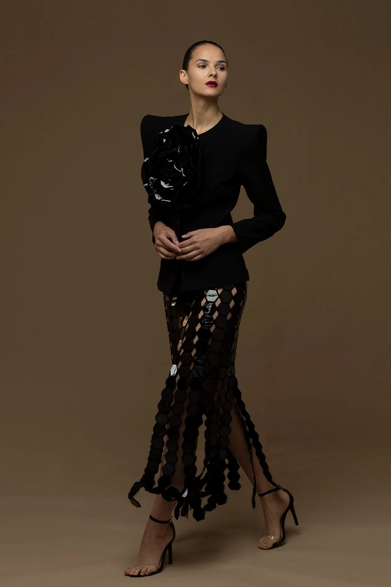 Blazer with Flower and Sequined Straight-Cut Skirt