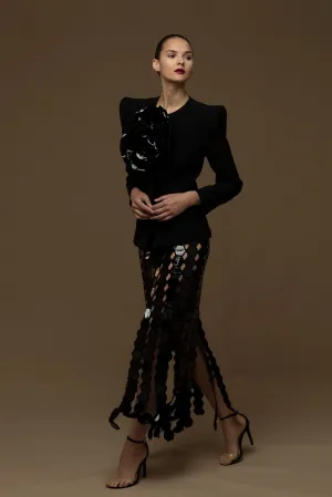 Blazer with Flower and Sequined Straight-Cut Skirt