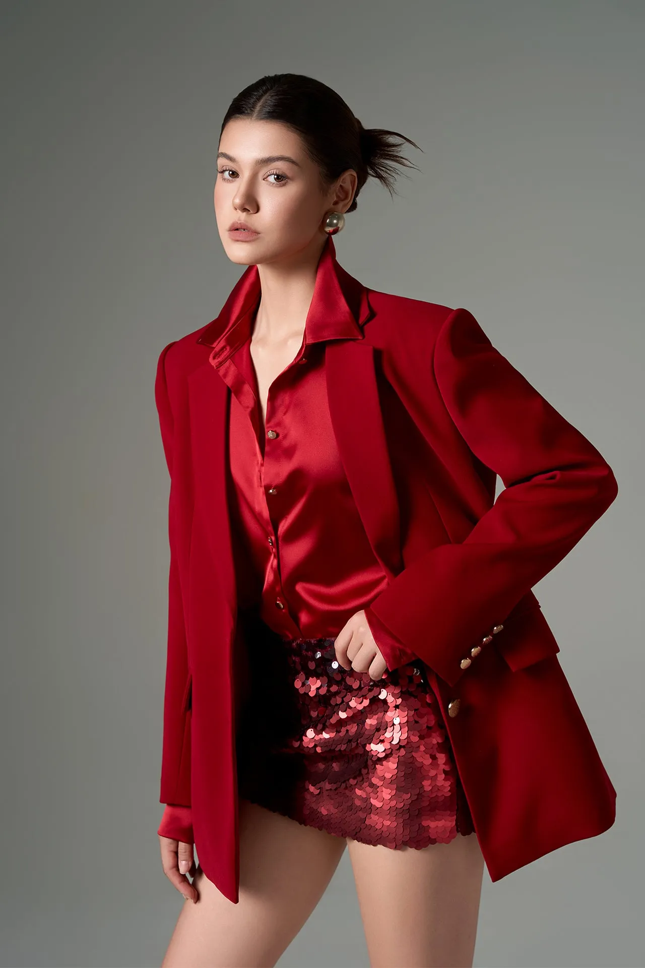 Blazer with Notched Lapels, Shirt, and Fitted Shorts