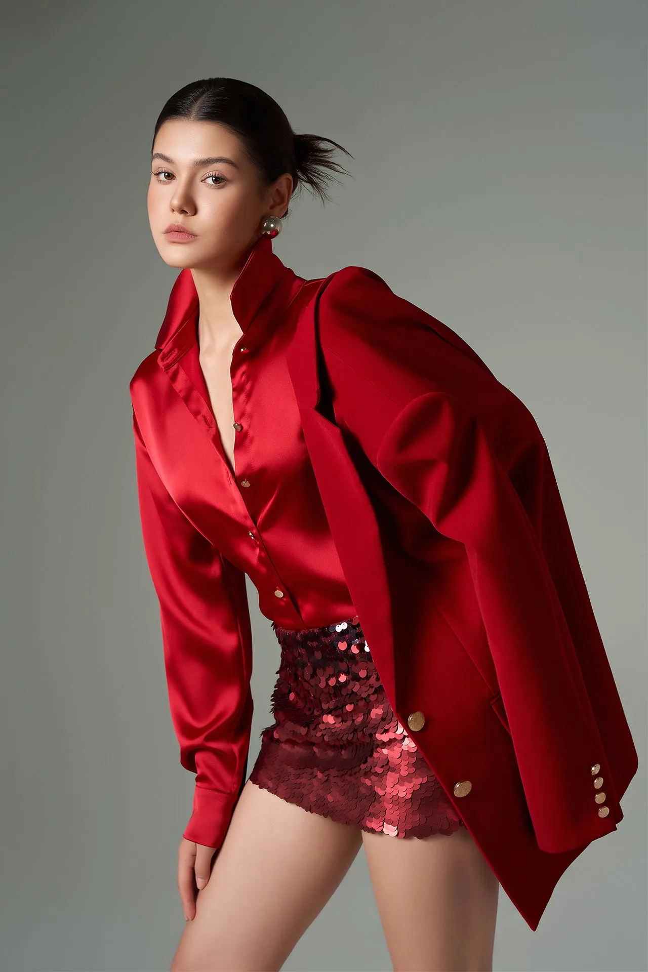 Blazer with Notched Lapels, Shirt, and Fitted Shorts