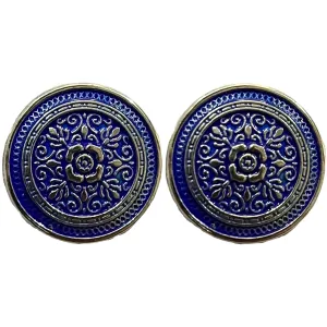 Blue & Silver Eye Catchy Floral 1 Hole Round Metal Buttons