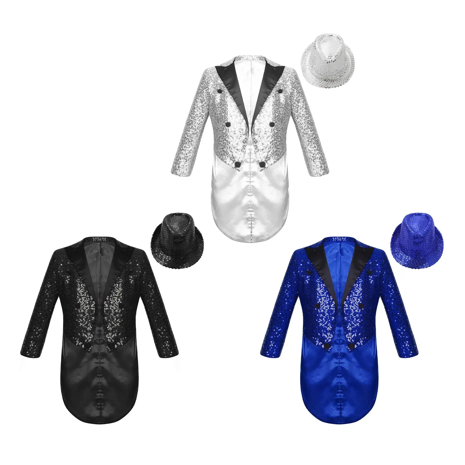 Boys Sequinned Tailcoat Magic Show Jazz Dance Performance Outfit Blazer with Hat