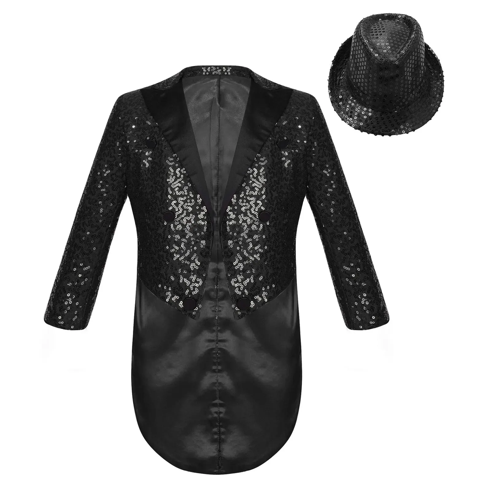 Boys Sequinned Tailcoat Magic Show Jazz Dance Performance Outfit Blazer with Hat
