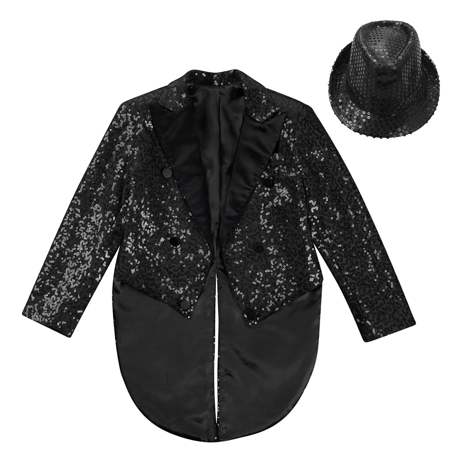Boys Sequinned Tailcoat Magic Show Jazz Dance Performance Outfit Blazer with Hat