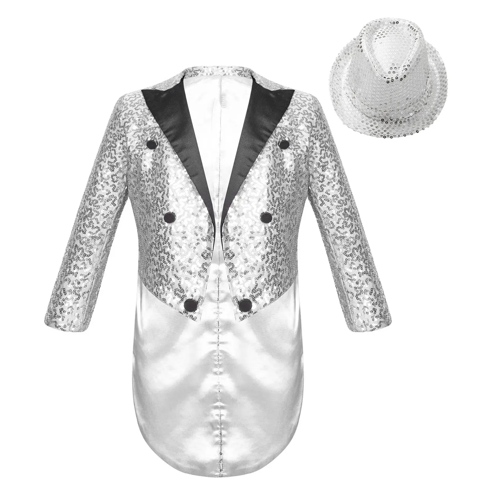 Boys Sequinned Tailcoat Magic Show Jazz Dance Performance Outfit Blazer with Hat