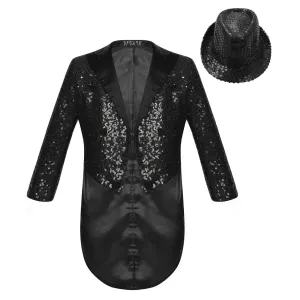 Boys Sequinned Tailcoat Magic Show Jazz Dance Performance Outfit Blazer with Hat