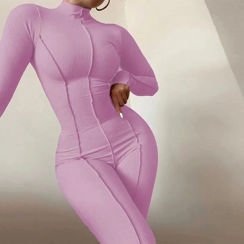 Bright Line Decoration Black Outfit Female Long Sleeve White Bodycon Jumpsuit