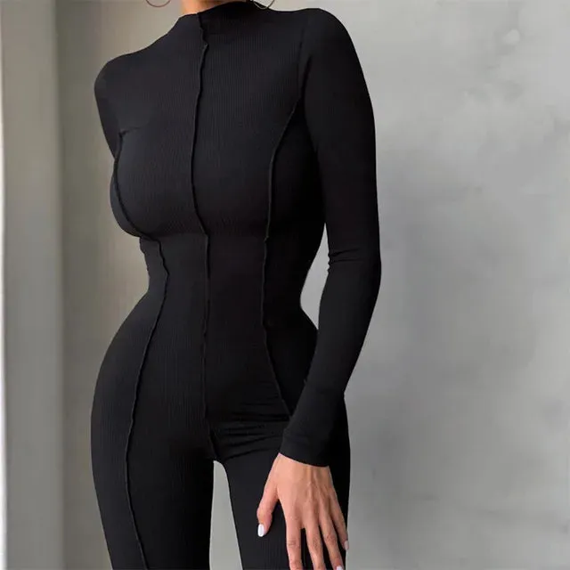 Bright Line Decoration Black Outfit Female Long Sleeve White Bodycon Jumpsuit