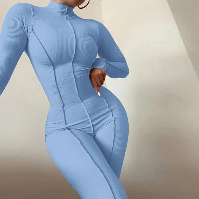 Bright Line Decoration Black Outfit Female Long Sleeve White Bodycon Jumpsuit