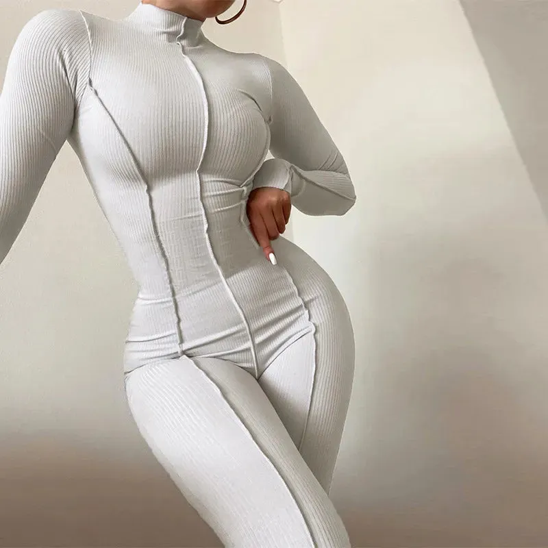 Bright Line Decoration Black Outfit Female Long Sleeve White Bodycon Jumpsuit