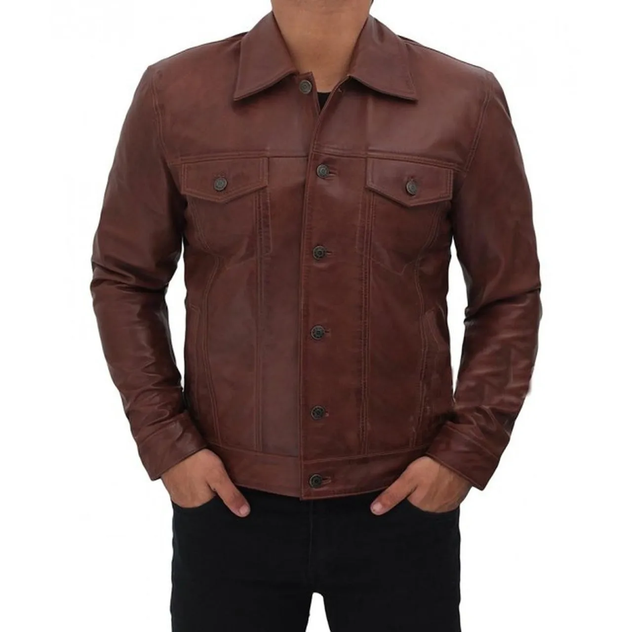 Brown Genuine Leather Trucker Jacket