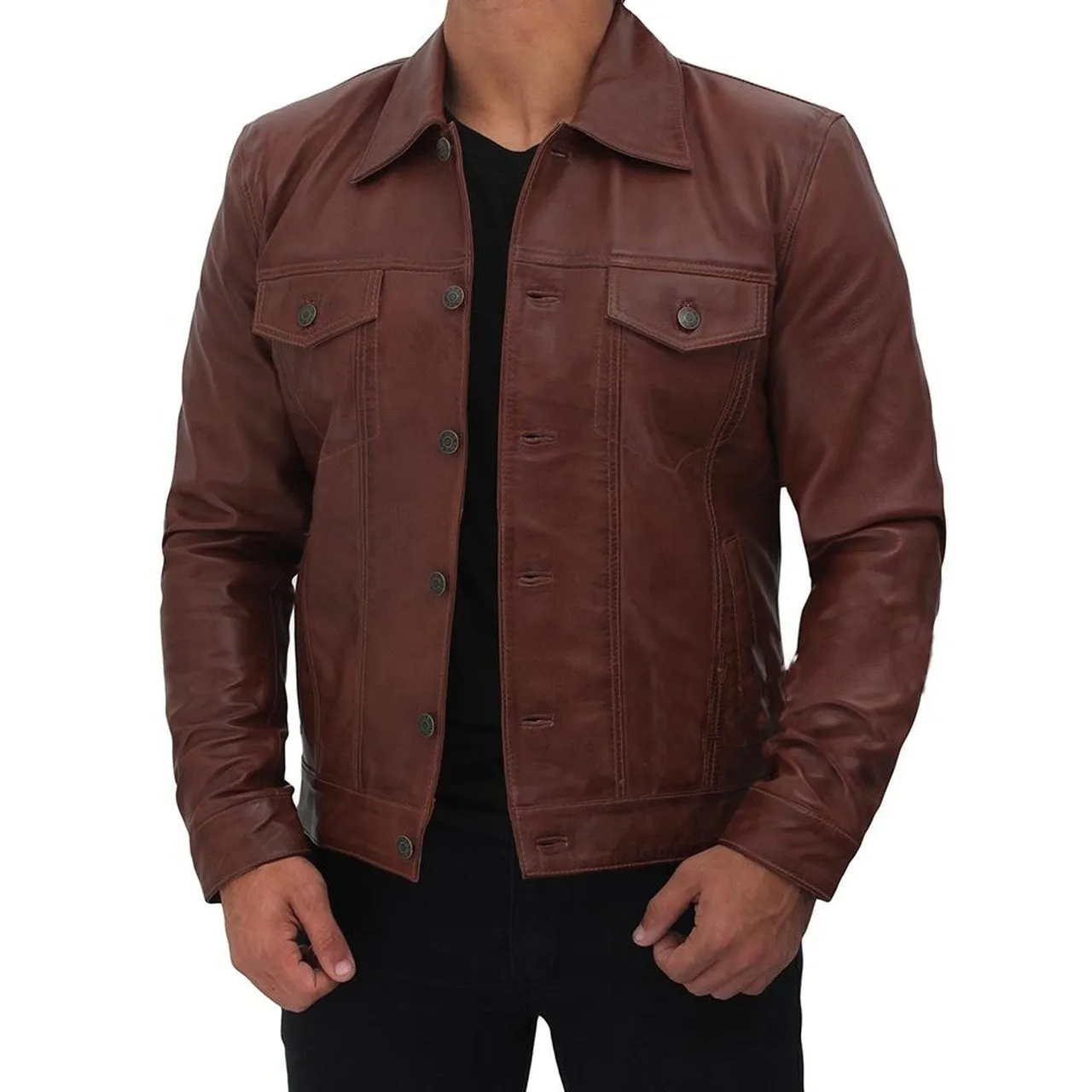 Brown Genuine Leather Trucker Jacket