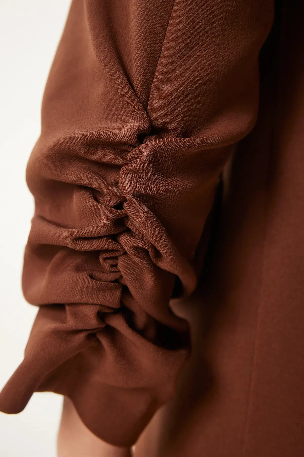 Brown Shawl Collar Gathered Detailed Woven Blazer Jacket