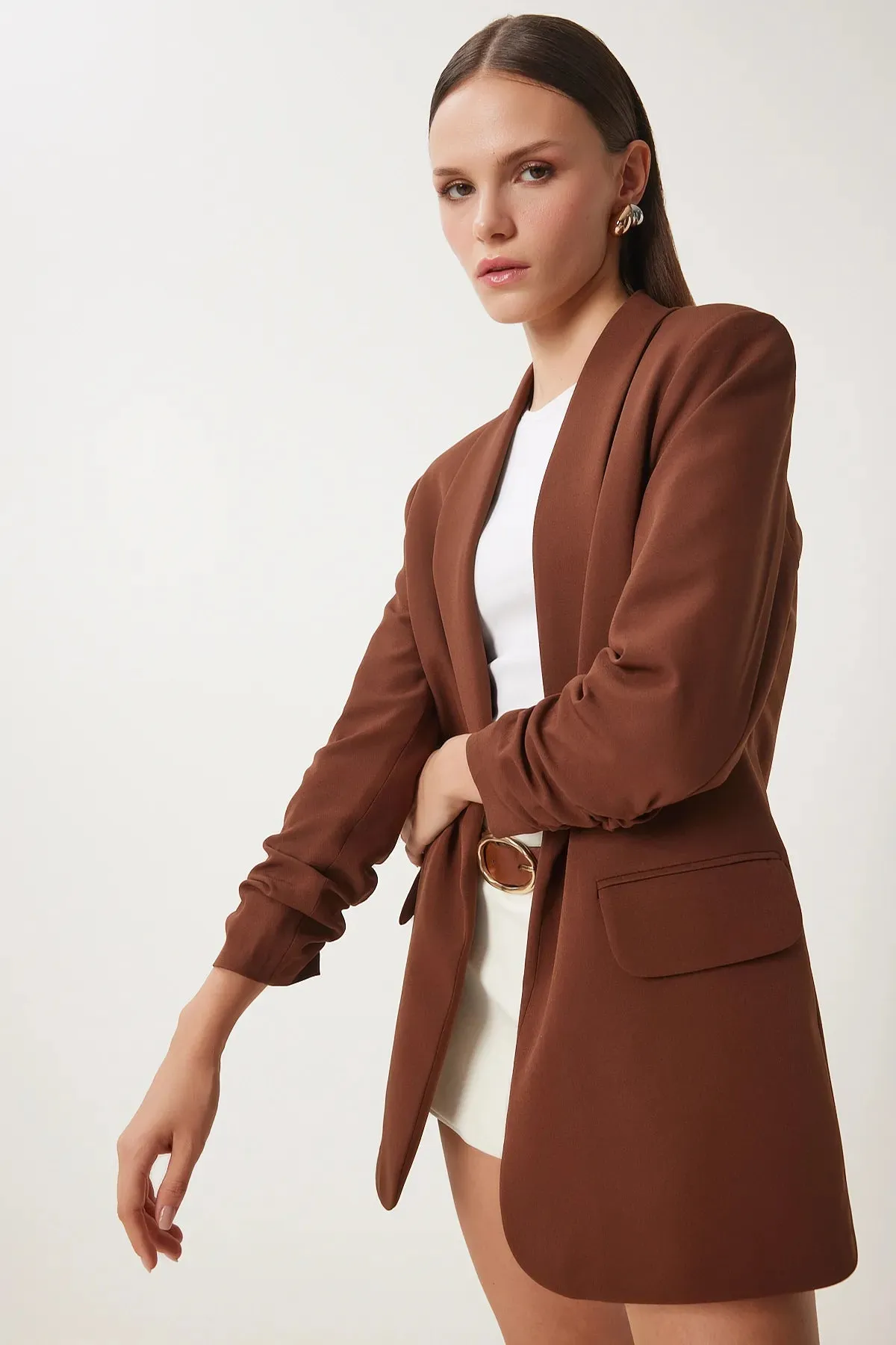 Brown Shawl Collar Gathered Detailed Woven Blazer Jacket