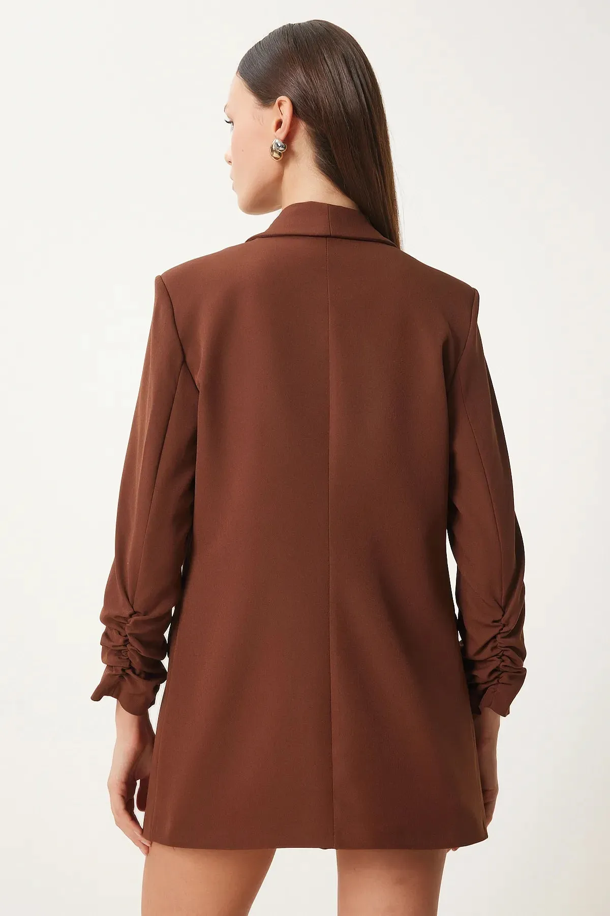 Brown Shawl Collar Gathered Detailed Woven Blazer Jacket