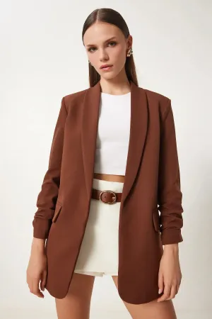 Brown Shawl Collar Gathered Detailed Woven Blazer Jacket