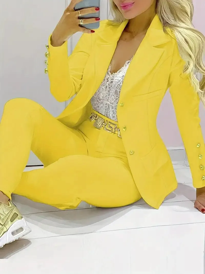 Button-Detailed Blazer and Pants Set