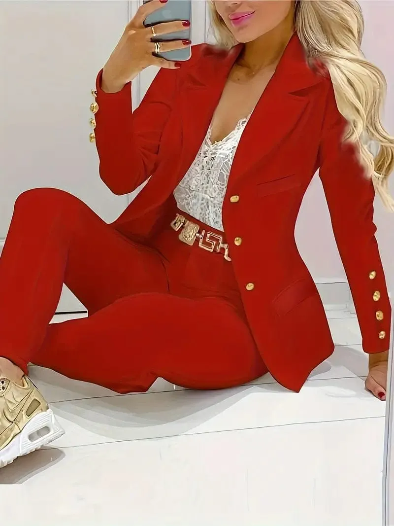 Button-Detailed Blazer and Pants Set