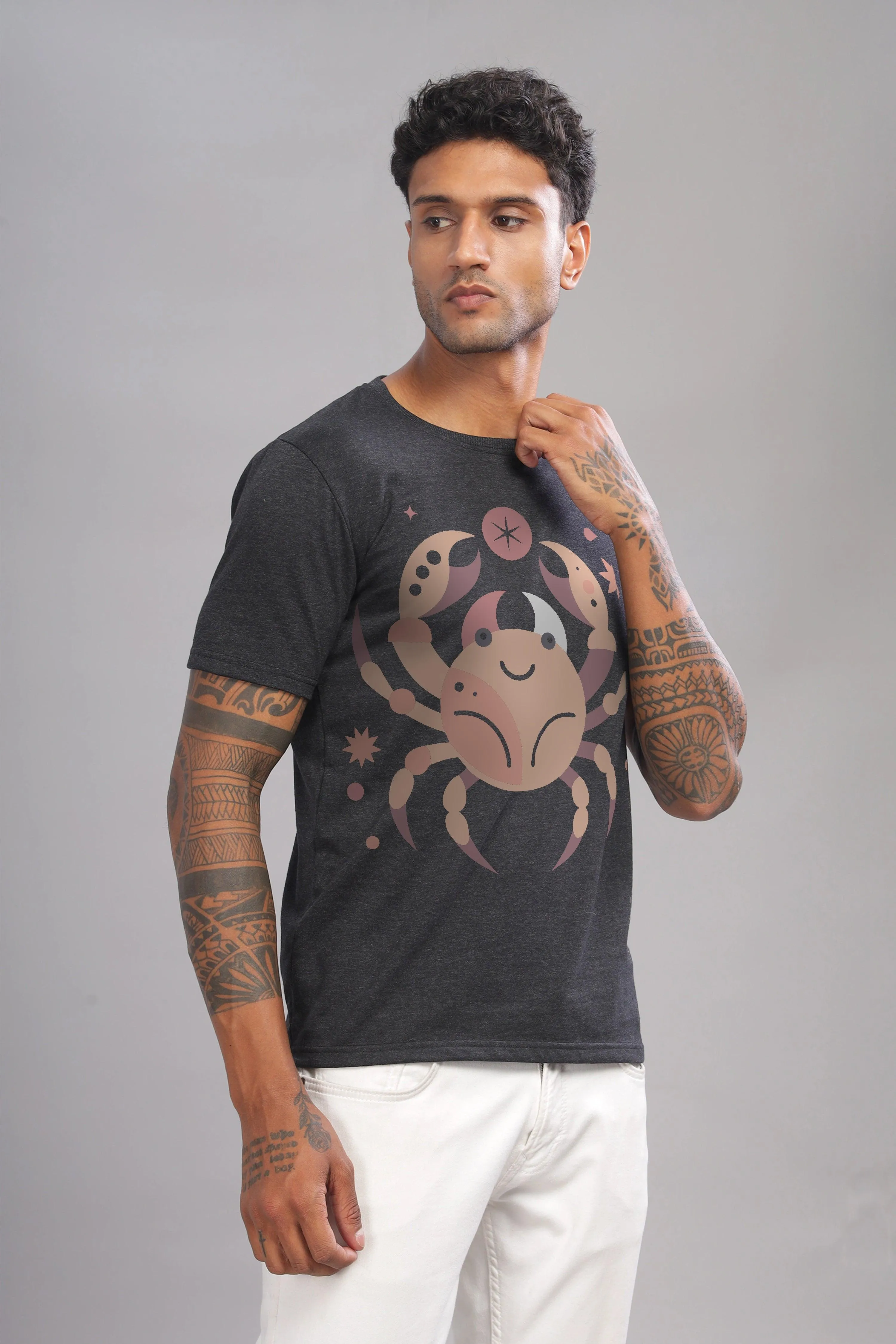 Cancer Club Charcoal Half Sleeve Printed Round Neck T-Shirt