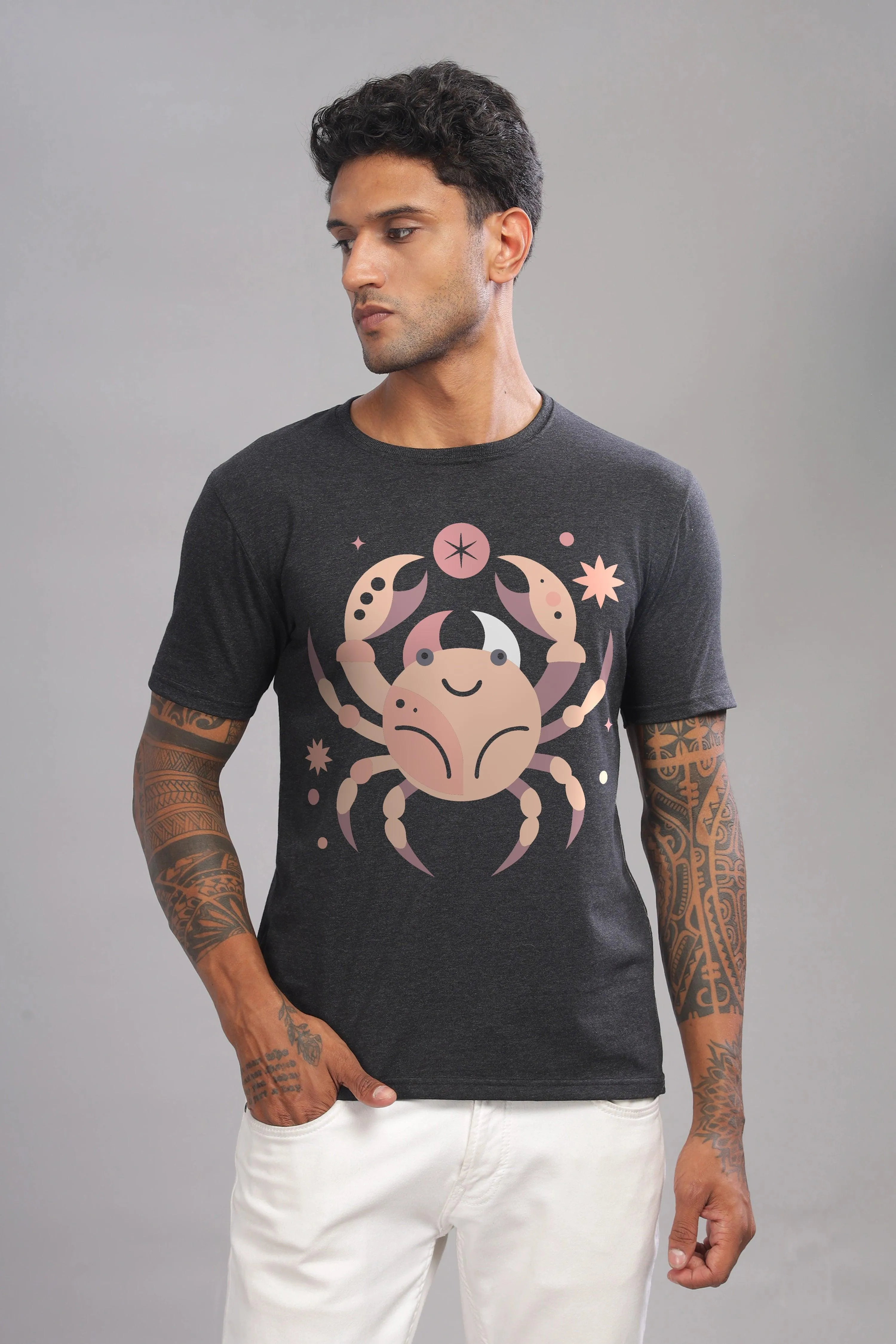 Cancer Club Charcoal Half Sleeve Printed Round Neck T-Shirt