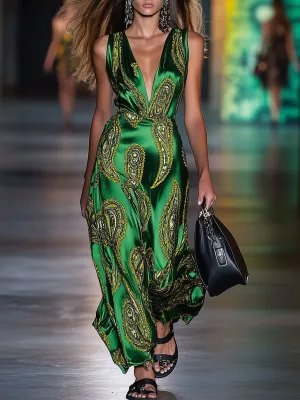 Casual Loose Paisley Print Green Satin Sleeveless Jumpsuit