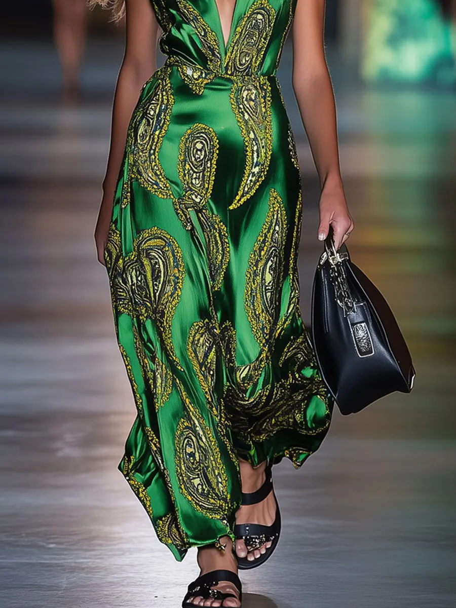 Casual Loose Paisley Print Green Satin Sleeveless Jumpsuit