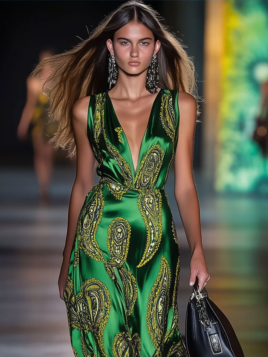 Casual Loose Paisley Print Green Satin Sleeveless Jumpsuit