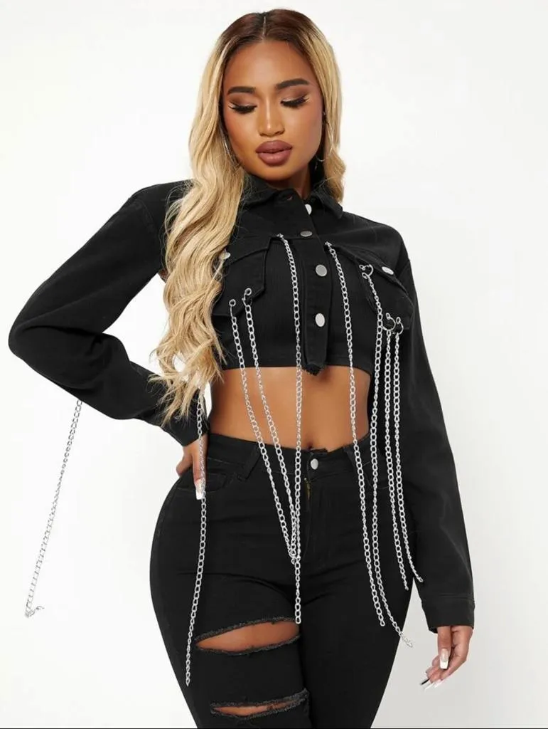 Chain Detail Flap Pocket Crop Denim Jacket