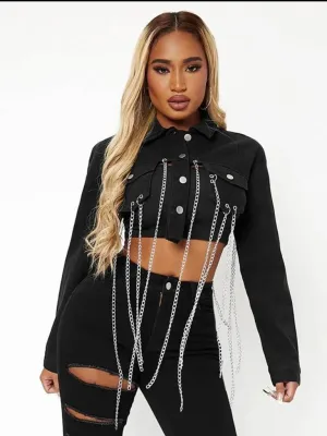 Chain Detail Flap Pocket Crop Denim Jacket
