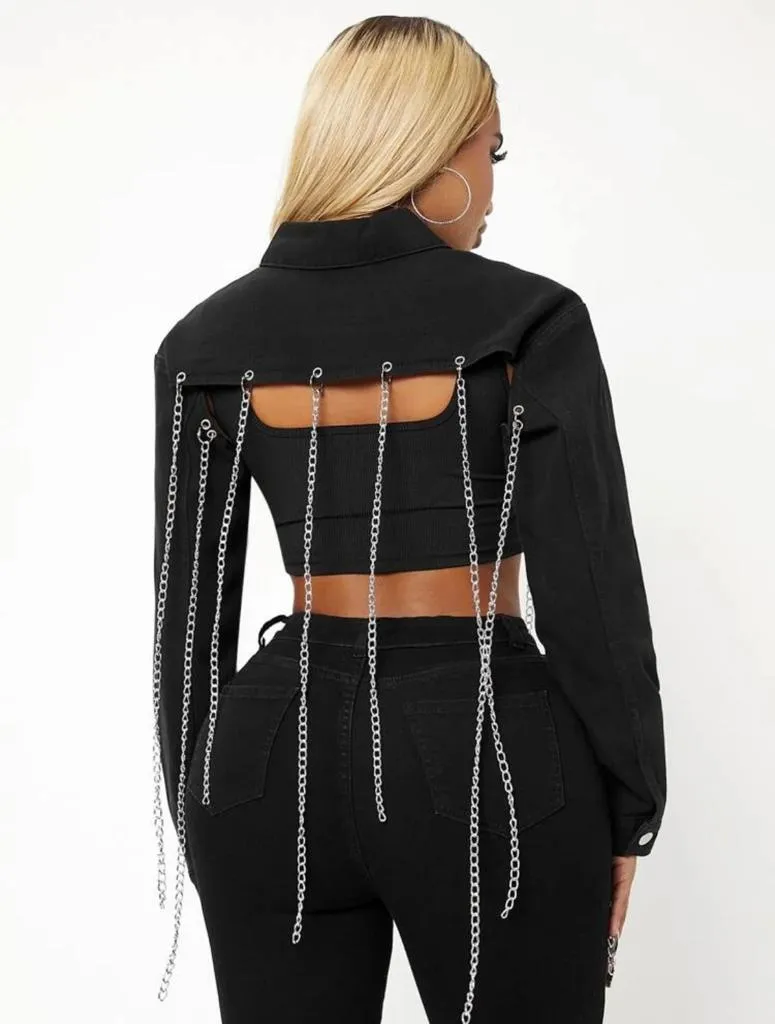 Chain Detail Flap Pocket Crop Denim Jacket