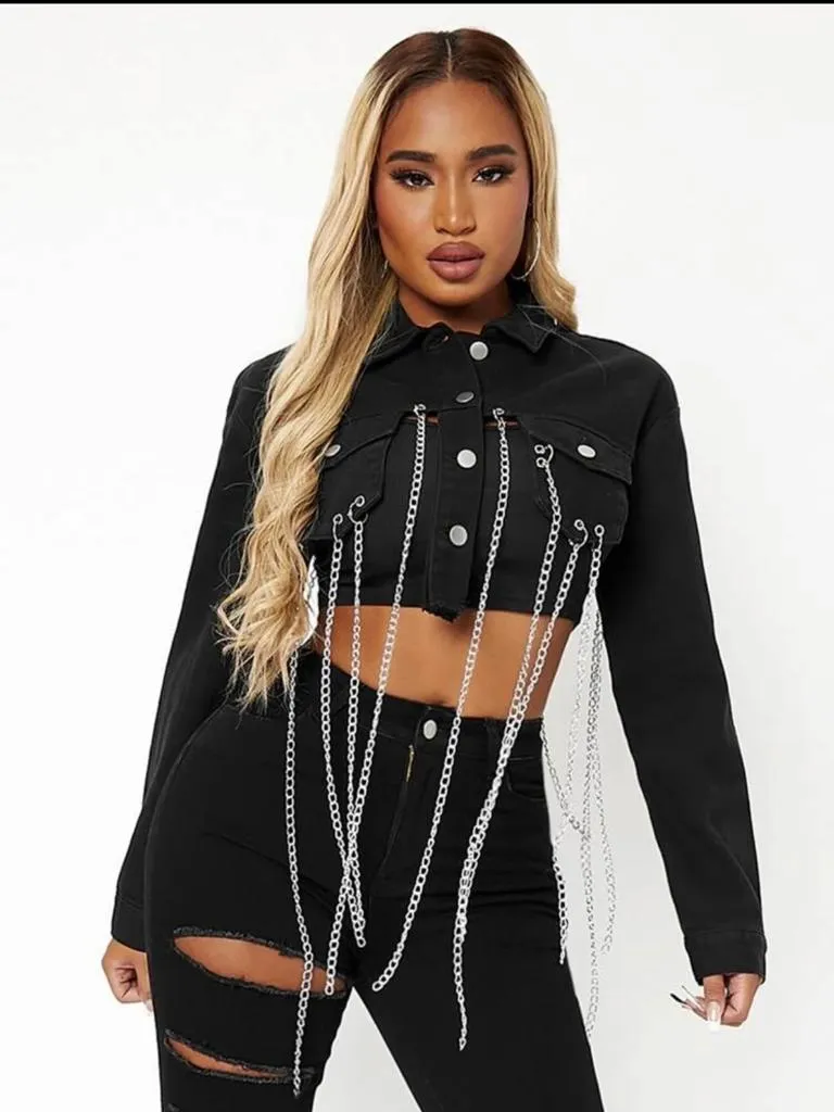 Chain Detail Flap Pocket Crop Denim Jacket